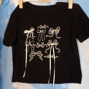 Sweet  Girl's SM Black Tee Shirt, Short Sleeves, Bow Ties Front
